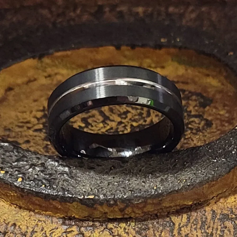 Men's Real Black Tungsten Wedding Ring With A Silver Filled Center Groove